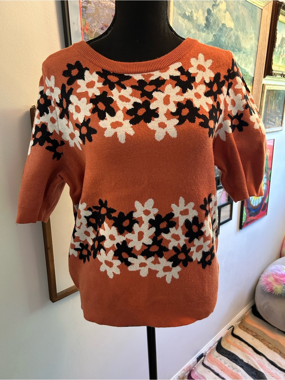 Anthropologie Rust Floral Short-Sleeve Crewneck Sweater Maeve- medium